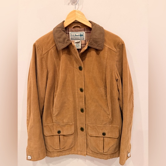 L.L. Bean Jackets & Blazers - L.L.Bean Corduroy Barn Jacket Womens XS Petite Tan Plaid Lined Chore Coat